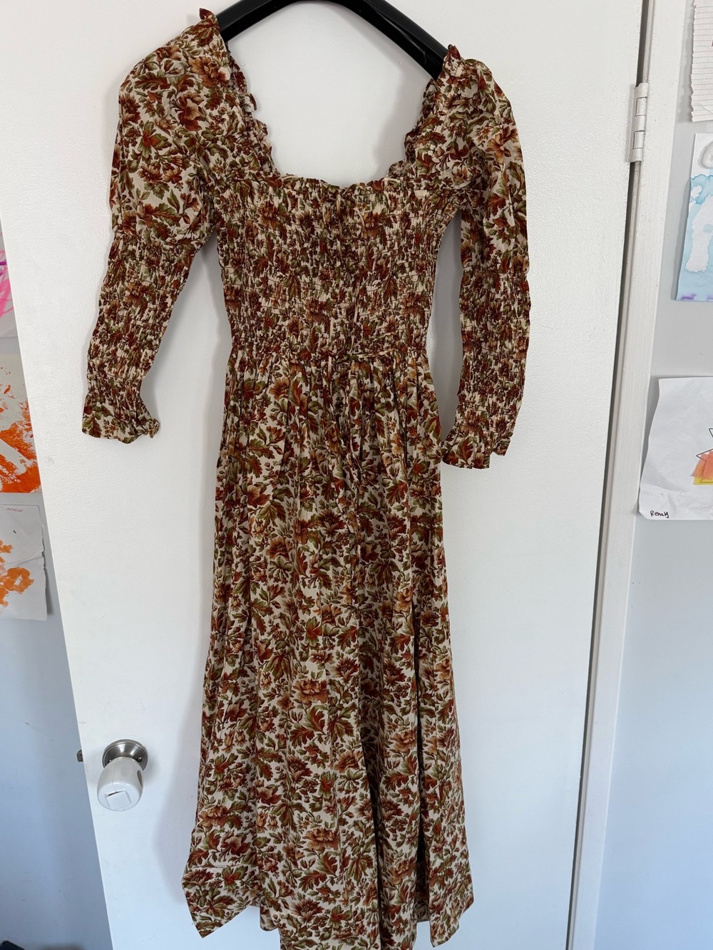 Doen Bijou Brown Floral Smocked Maxi Dress in Ivory Reve Des Jardins